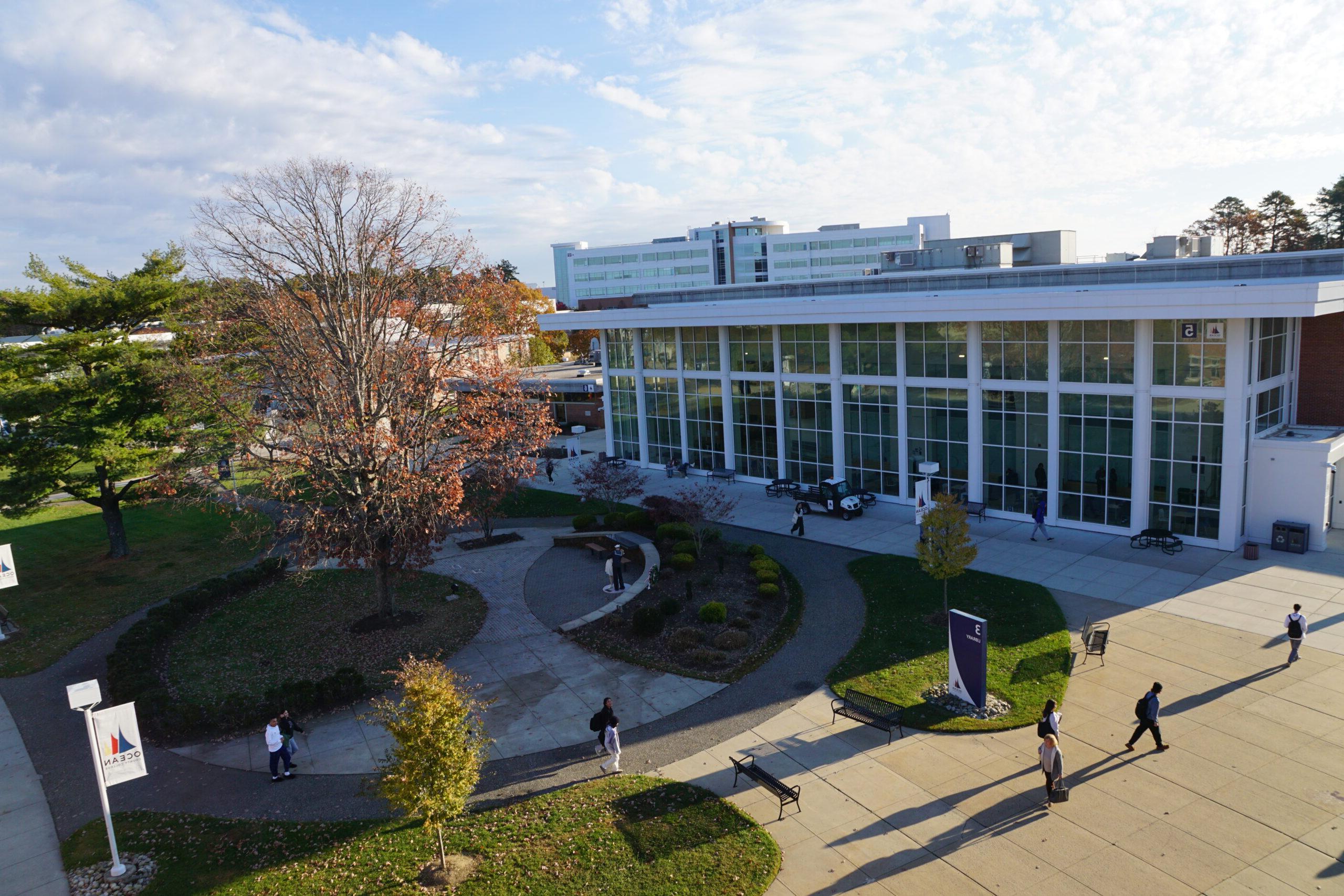 An aerial shot of the campus mall in fall